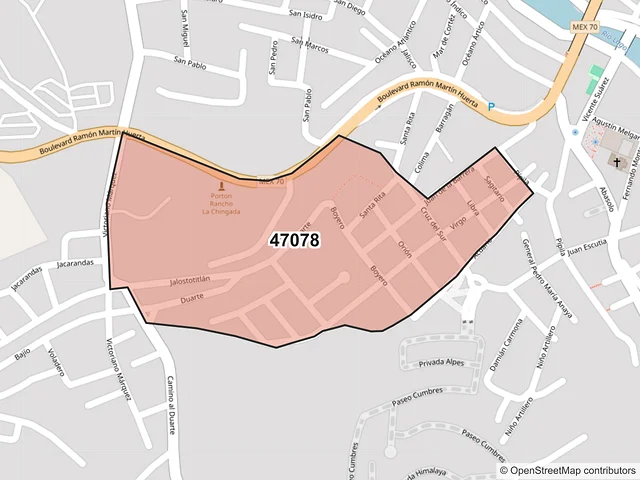Mapa del código postal 47078, San Juan de los Lagos, Jalisco