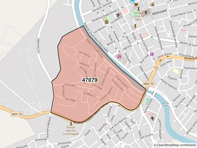Mapa del código postal 47079, San Juan de los Lagos, Jalisco