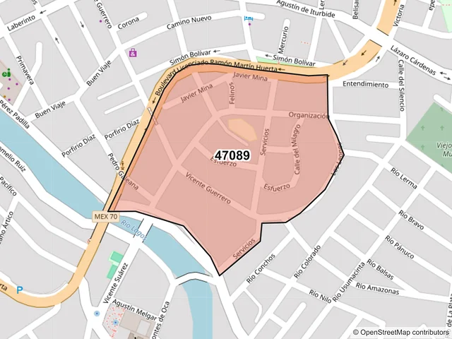 Mapa del código postal 47089, San Juan de los Lagos, Jalisco