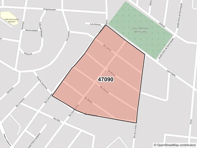 Mapa del código postal 47090, San Juan de los Lagos, Jalisco