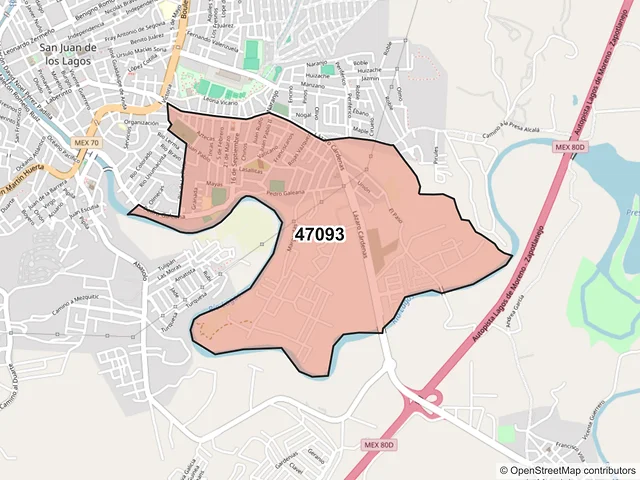 Mapa del código postal 47093, San Juan de los Lagos, Jalisco