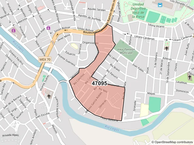 Mapa del código postal 47095, San Juan de los Lagos, Jalisco