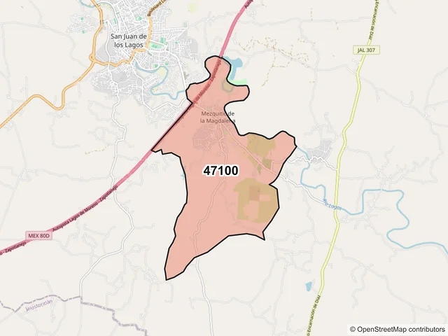 Mapa del código postal 47100, San Juan de los Lagos, Jalisco