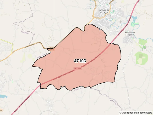 Mapa del código postal 47103, San Juan de los Lagos, Jalisco