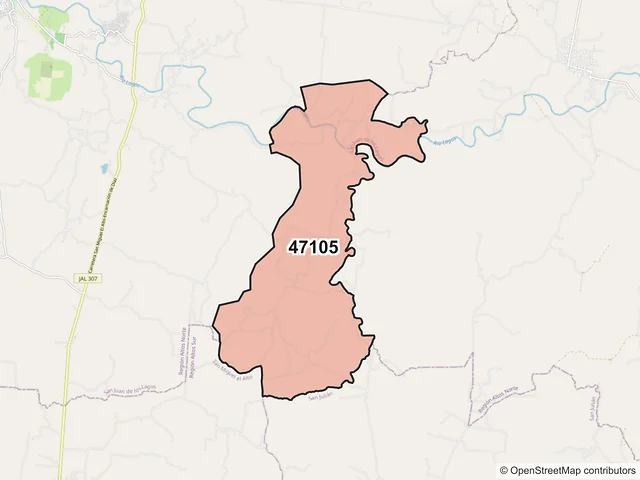 Mapa del código postal 47105, San Juan de los Lagos, Jalisco