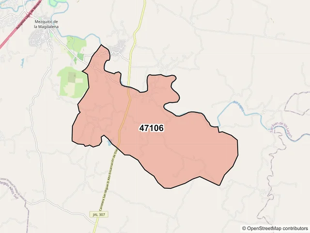 Mapa del código postal 47106, San Juan de los Lagos, Jalisco