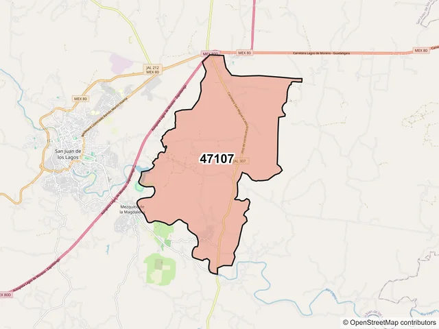 Mapa del código postal 47107, San Juan de los Lagos, Jalisco