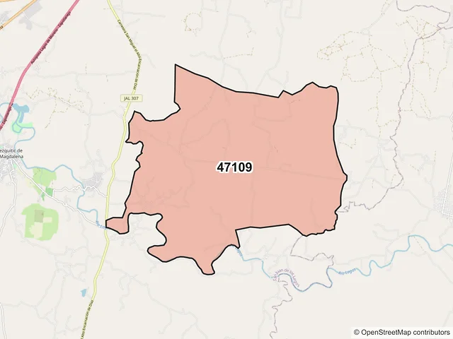 Mapa del código postal 47109, San Juan de los Lagos, Jalisco