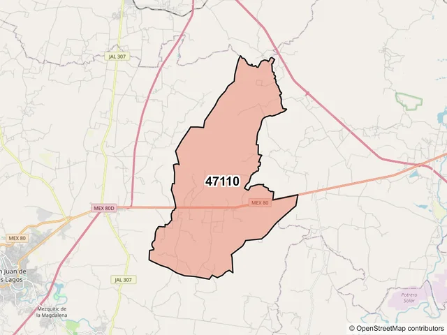 Mapa del código postal 47110, San Juan de los Lagos, Jalisco