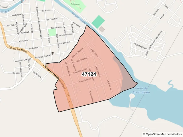 Mapa del código postal 47124, Jalostotitlán, Jalisco