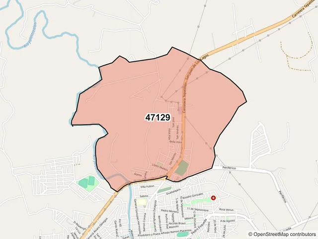 Mapa del código postal 47129, Jalostotitlán, Jalisco