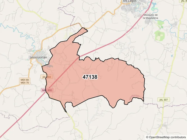 Mapa del código postal 47138, Jalostotitlán, Jalisco