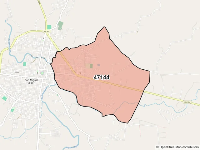 Mapa del código postal 47144, San Miguel el Alto, Jalisco
