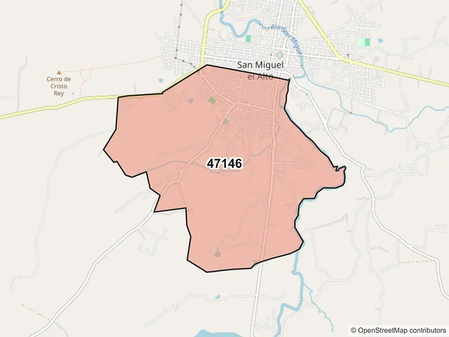 Mapa del código postal 47146, San Miguel el Alto, Jalisco