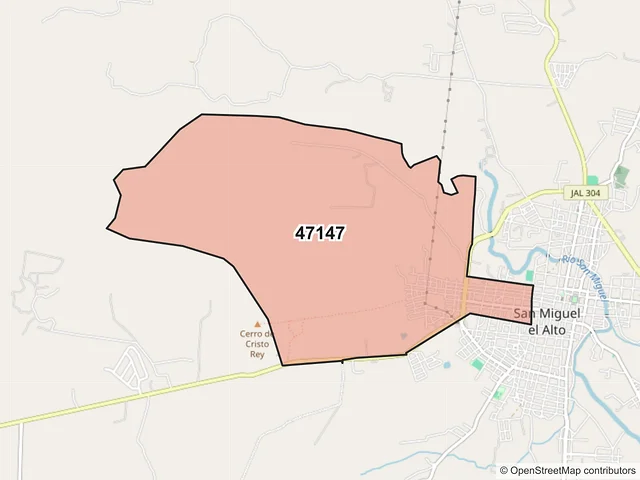 Mapa del código postal 47147, San Miguel el Alto, Jalisco