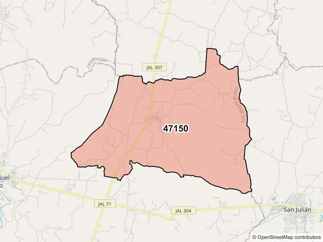 Mapa del código postal 47150, San Miguel el Alto, Jalisco