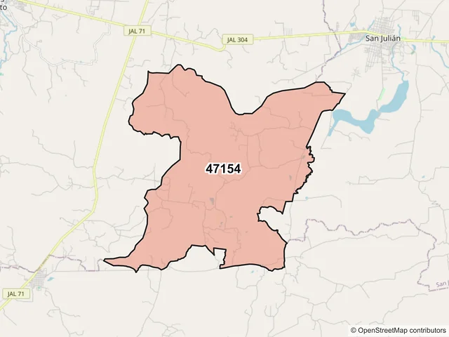 Mapa del código postal 47154, San Miguel el Alto, Jalisco