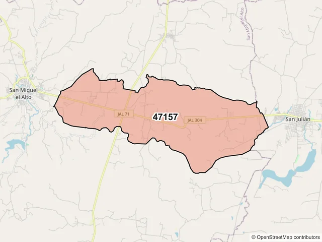 Mapa del código postal 47157, San Miguel el Alto, Jalisco