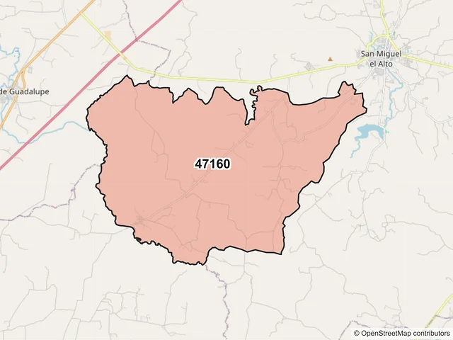 Mapa del código postal 47160, San Miguel el Alto, Jalisco