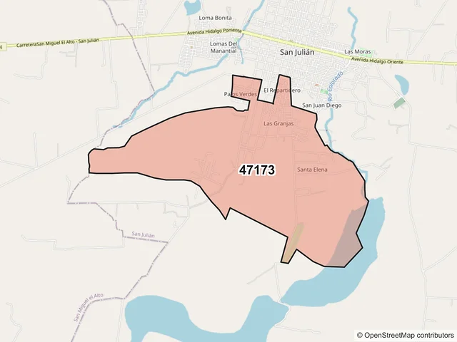 Mapa del código postal 47173, San Julián, Jalisco