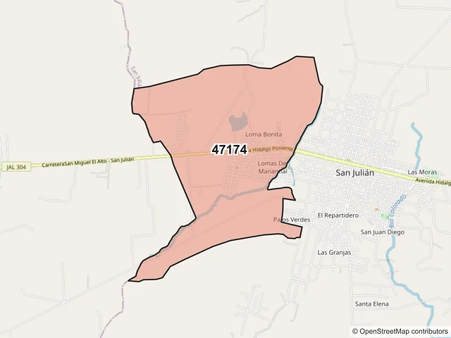 Mapa del código postal 47174, San Julián, Jalisco