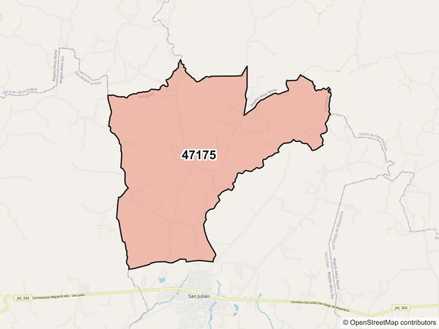 Mapa del código postal 47175, San Julián, Jalisco