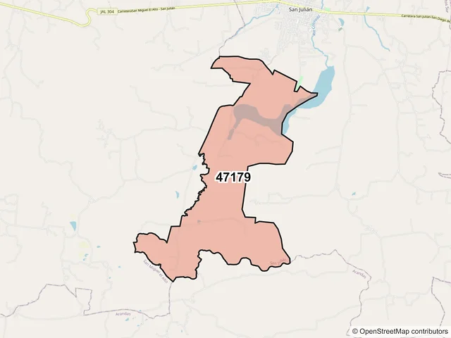 Mapa del código postal 47179, San Julián, Jalisco