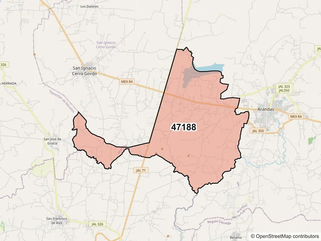 Mapa del código postal 47188, Arandas, Jalisco