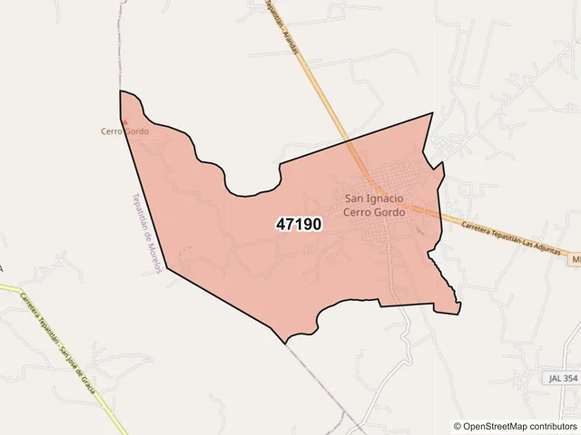 Mapa del código postal 47190, San Ignacio Cerro Gordo, Jalisco