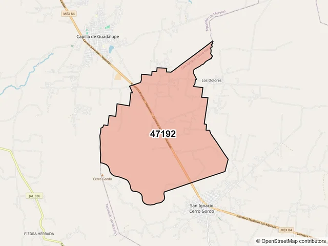 Mapa del código postal 47192, San Ignacio Cerro Gordo, Jalisco