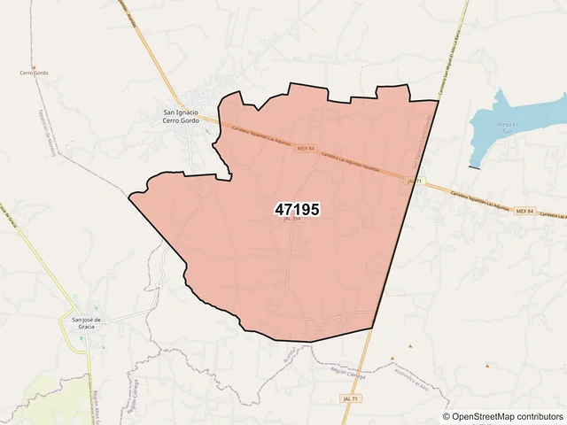 Mapa del código postal 47195, San Ignacio Cerro Gordo, Jalisco