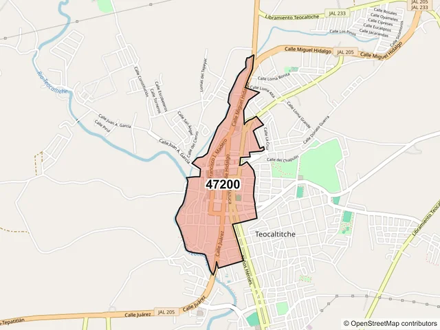 Mapa del código postal 47200, Teocaltiche, Jalisco