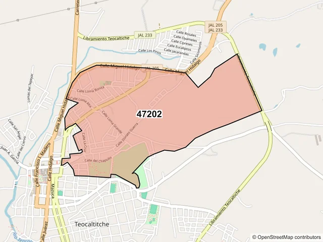 Mapa del código postal 47202, Teocaltiche, Jalisco