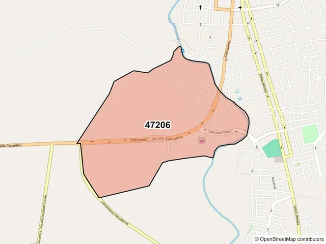 Mapa del código postal 47206, Teocaltiche, Jalisco