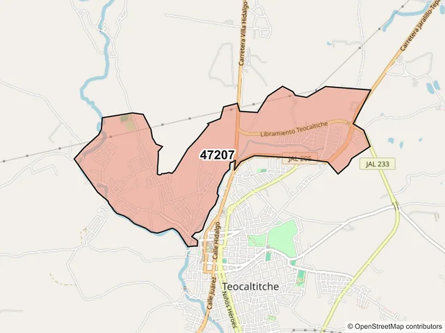 Mapa del código postal 47207, Teocaltiche, Jalisco