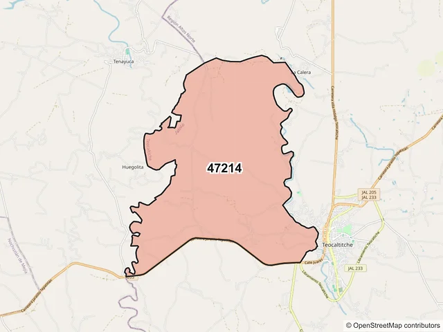 Mapa del código postal 47214, Teocaltiche, Jalisco