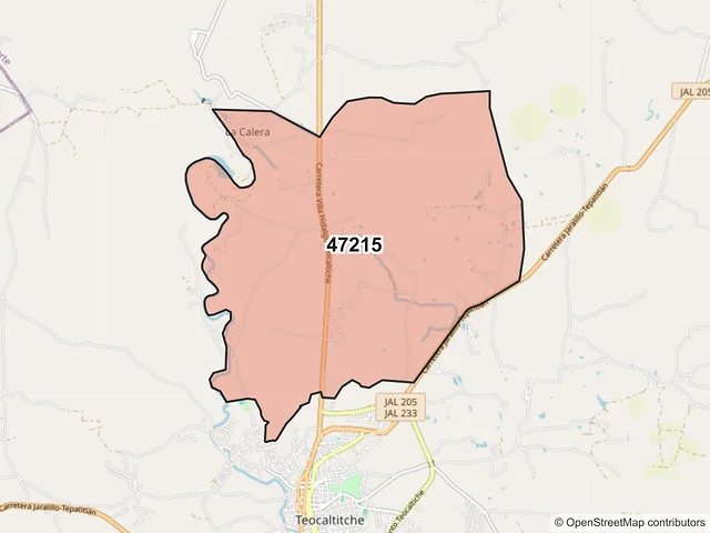 Mapa del código postal 47215, Teocaltiche, Jalisco