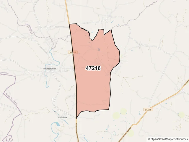 Mapa del código postal 47216, Teocaltiche, Jalisco