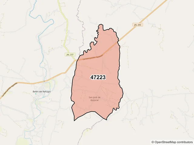 Mapa del código postal 47223, Teocaltiche, Jalisco