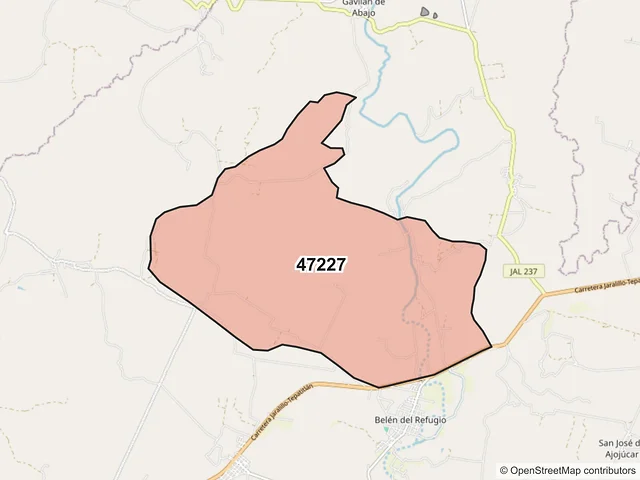 Mapa del código postal 47227, Teocaltiche, Jalisco