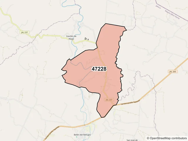 Mapa del código postal 47228, Teocaltiche, Jalisco