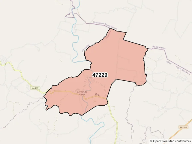 Mapa del código postal 47229, Teocaltiche, Jalisco