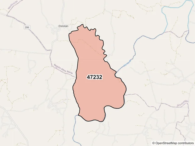 Mapa del código postal 47232, Teocaltiche, Jalisco