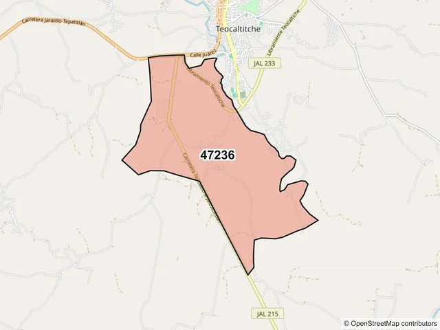 Mapa del código postal 47236, Teocaltiche, Jalisco