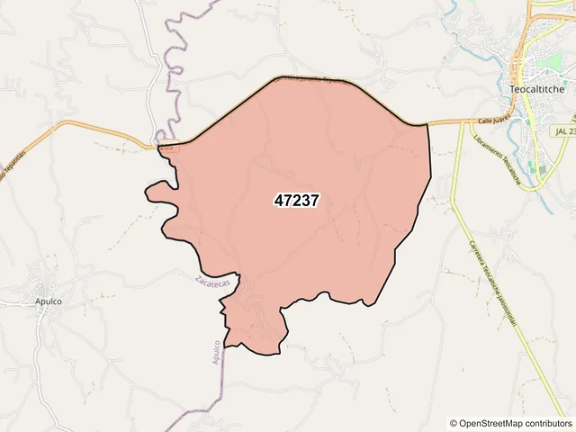 Mapa del código postal 47237, Teocaltiche, Jalisco