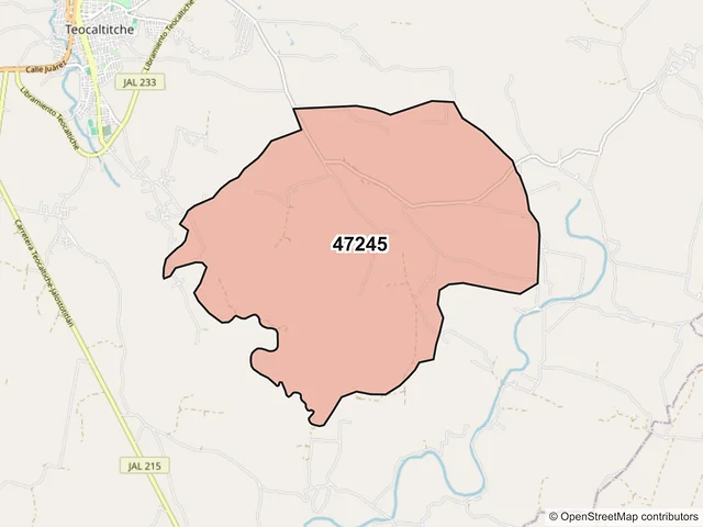 Mapa del código postal 47245, Teocaltiche, Jalisco