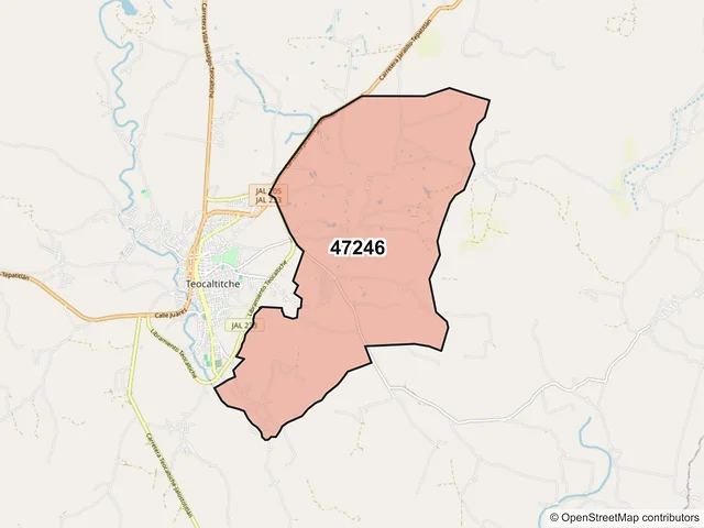 Mapa del código postal 47246, Teocaltiche, Jalisco