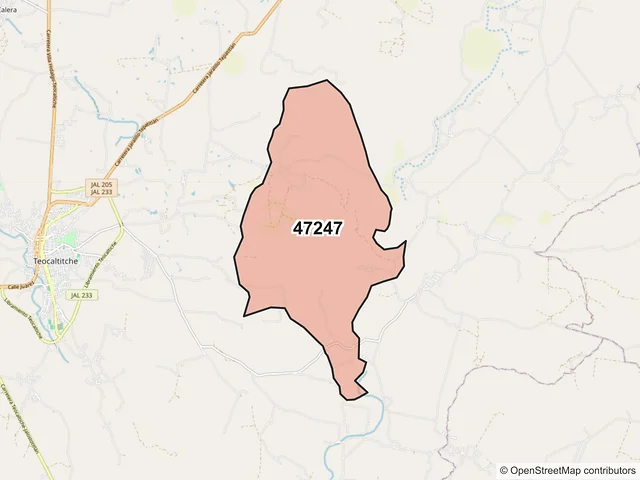Mapa del código postal 47247, Teocaltiche, Jalisco