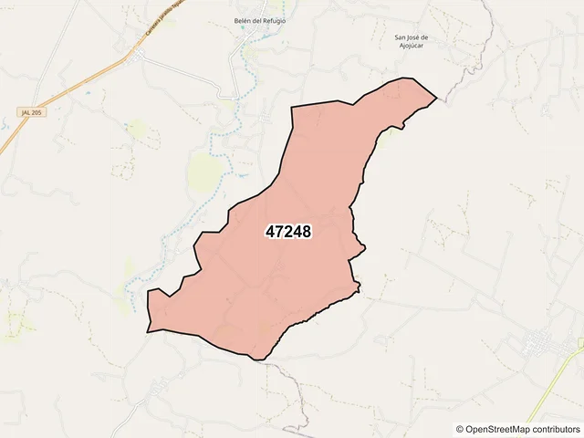 Mapa del código postal 47248, Teocaltiche, Jalisco