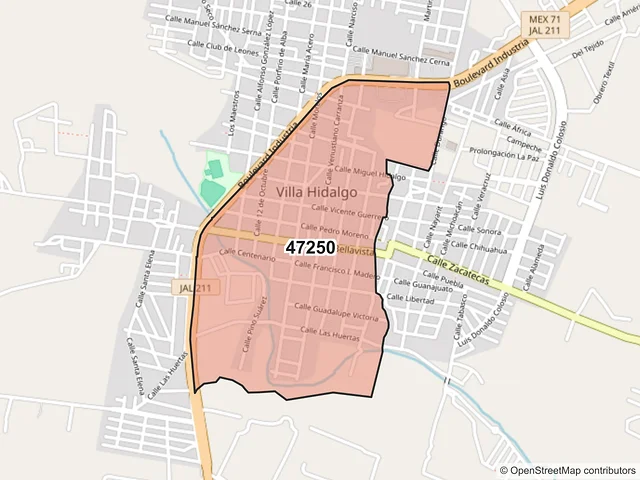 Mapa del código postal 47250, Villa Hidalgo, Jalisco